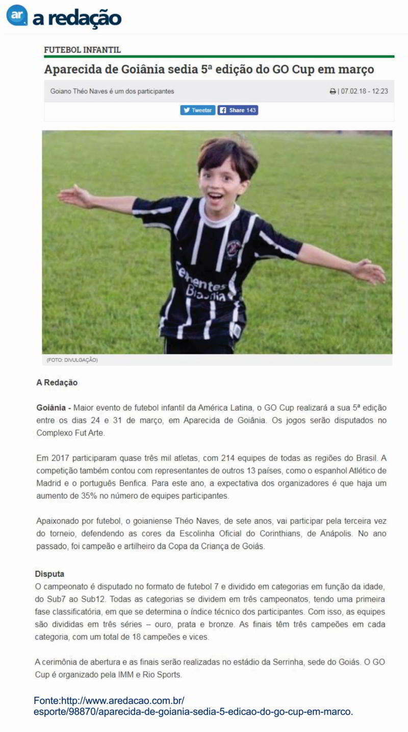 Théo Naves - recorte anunciando sua participação no torneio internacional de futebol infantil. A Redação, p. 10, em 07.02.2018